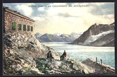 AK Concordiahütte, Berghütte mit Pavillon Cathrein und Aletschgletscher