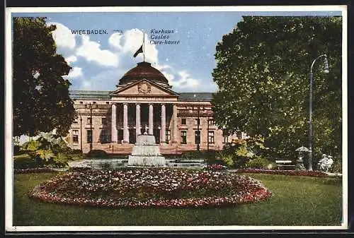 AK Wiesbaden, Kurhaus mit Garten und Brunnen