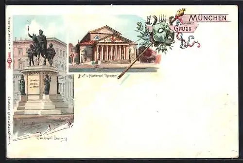 Lithographie München, Nationaltheater, Denkmal König Ludwig - Reiterstandbild