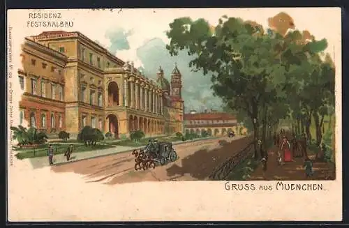 Lithographie München-Au, Residenz-Festsaalbau mit Personen und Kutsche