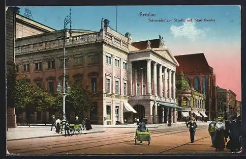 Künstler-AK Breslau, Schweidnitzer Strasse mit Stadttheater