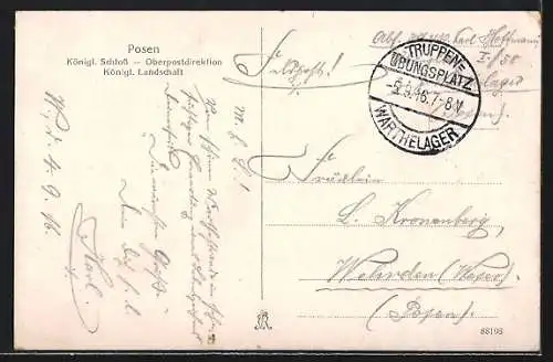 AK Posen / Poznan, königl. Schloss mit Oberpostdirektion und königliche Landschaft