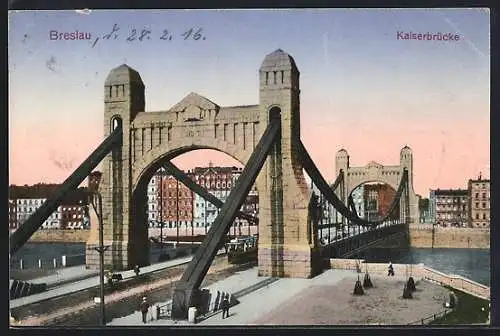 AK Breslau, Strassenbahn auf der Kaiserbrücke