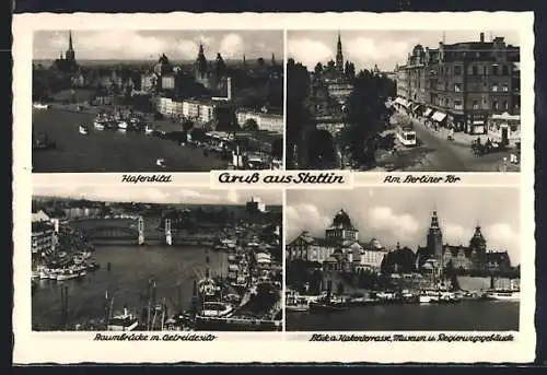 AK Stettin, Ortsansicht mit Hafen, Strassenbahn am Berliner Tor & Baumbrücke m. Getreidesilo