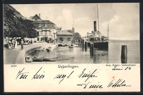 AK Überlingen / Bodensee, Uferpartie mit Gasthaus und Dampfer