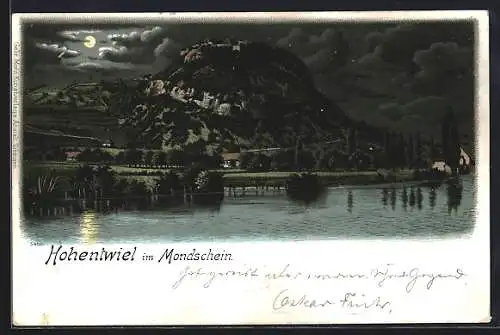 Lithographie Hohentwiel, Panorama im Mondschein