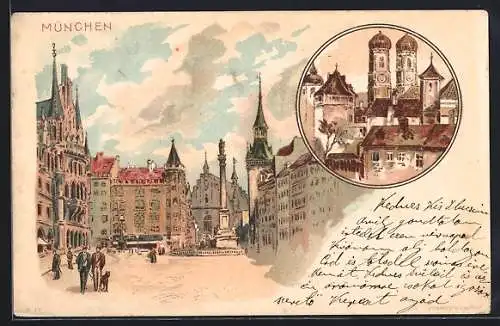 Lithographie München-Au, Marienplatz mit Denkmal, Kirche