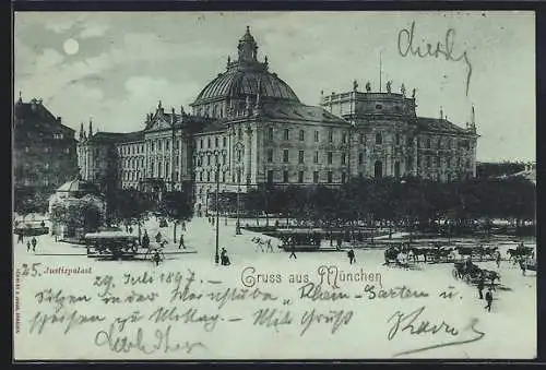 Mondschein-AK München, Justizpalast mit Pferdebahn