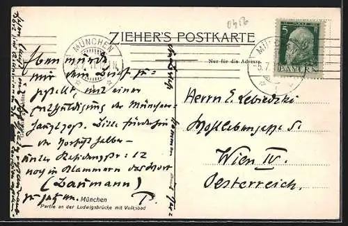 AK München, Partie an der Ludwigsbrücke mit Volksbad