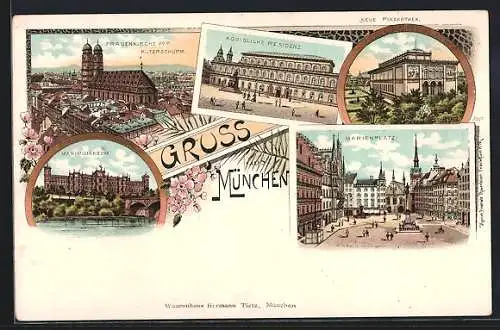 Lithographie München, Marienplatz, Neue Pinakothek, Maximilianeum