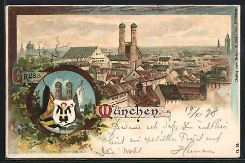 Lithographie München-Au, Ortsansicht von oben, Münchner Kindl, Frauentürme, Wappen