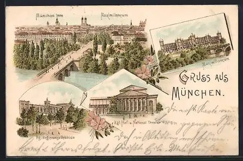 Lithographie München, Maximilianeum, kgl. Regierungsgebäude, kgl. Hof und Nationaltheater