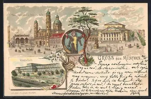 Lithographie München, Theatinerkirche und Feldherrnhalle, Hof- und Nationaltheater, Glaspalast