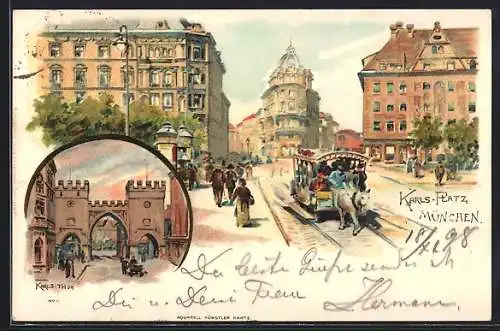 Künstler-AK München, Kutsche auf dem Karlsplatz, das Karlstor