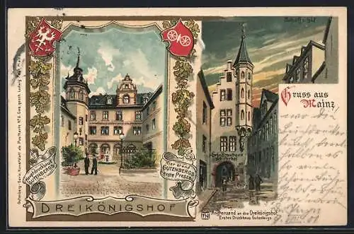 Lithographie Mainz, Gasthaus Dreikönigshof und Hof-Bräuhaus Schöfferhof