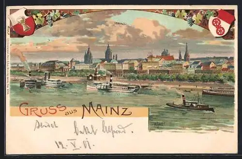 Künstler-Lithographie Mainz, Panorama mit Dampfer