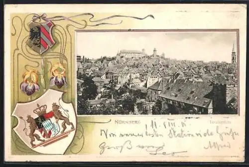 Passepartout-Lithographie Nürnberg, Blick über die Dächer der Stadt, Wappen