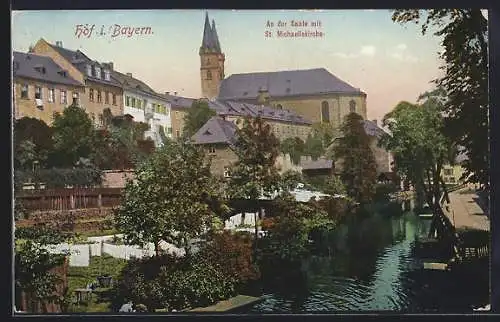 AK Hof i. Bayern, An der St. Michaeliskirche, Saalepartie