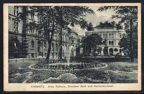 AK Chemnitz, Altes Rathaus, Dresdner Bank und Springbrunnen