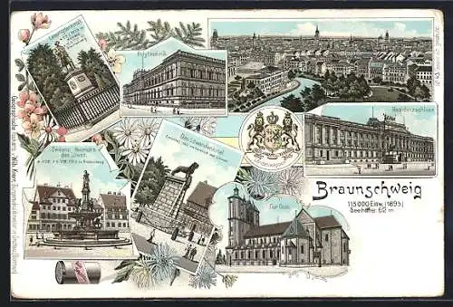 Lithographie Braunschweig, Totalansicht, Polytechnik, Denkmal Heinrichs des Löwen, Löwendenkmal, Der Dom