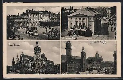 AK Chemnitz, Strassenbahn auf dem Markt, vor dem Hauptbahnhof, das neue Rathaus