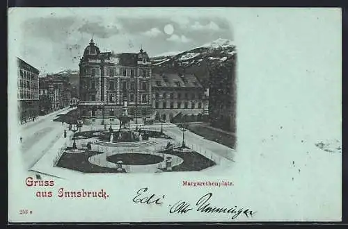 Mondschein-AK Innsbruck, Margarethenplatz mit Brunnen