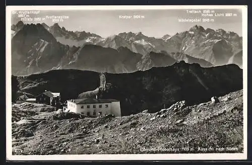 AK Edmund Probst-Haus, Aussicht nach Süden auf Krottenspitze, Kratzer, Trettach, Hohes Licht u. Mädelegabel