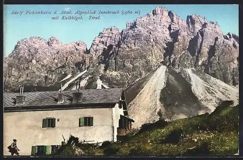 AK Adolf-Pichlerhütte, Blick den Hang hinauf zur Berghütte des Akademischen Alpenklubs Innsbruck mit Kalkkögel