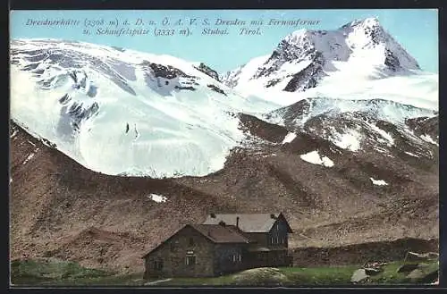 AK Dresdnerhütte mit Fernauferner und Schaufelspitze, Blick zur Berghütte des Dt. u. Österr. Alpen-Vereins