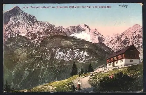 AK Adolf Zoeppritz-Haus am Kreuzeck, Ansicht mit Alp- und Zugspitze