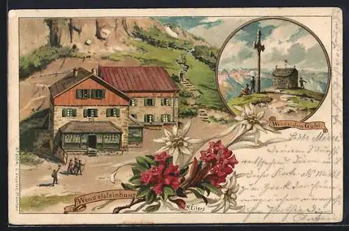 Lithographie Berghütte Wendelsteinhaus, Gipfelkreuz auf dem Wendelstein