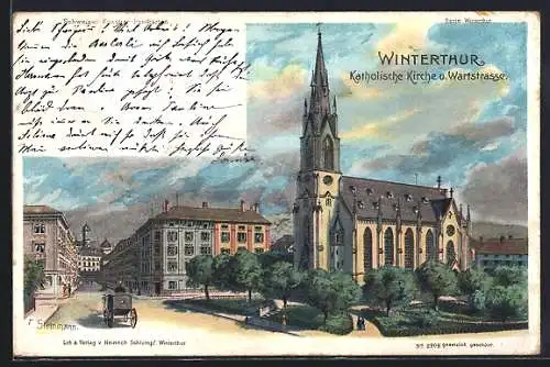 Lithographie Winterthur, Katholische Kirche und Wartstrasse, um 1900