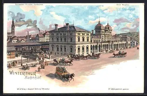 Lithographie Winterthur, Bahnhof mit Pferdekutschen