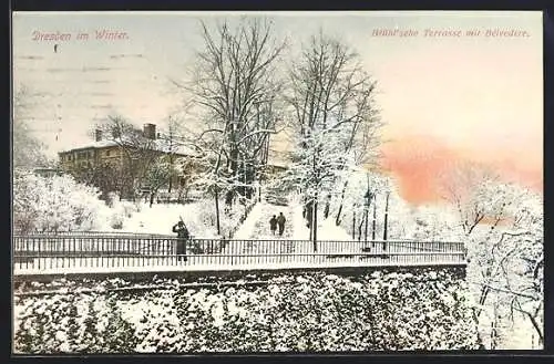 AK Dresden, Brühl`sche Terrasse mit Bélvedere im Winter