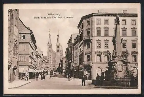 AK Würzburg, Domstrasse mit Vierröhrbrunnen