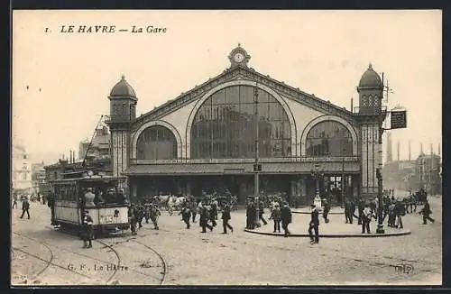 AK Le Havre, La Gare, Strassenbahn