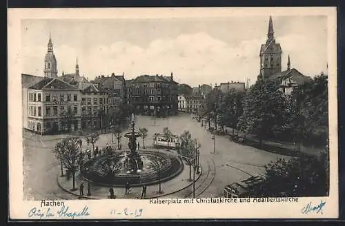 AK Aachen, Kaiserplatz mit Strassenbahn, Christuskirche und Adalbertskirche