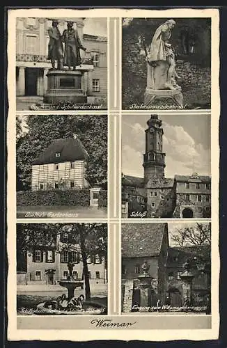 AK Weimar / Thüringen, Schillerhaus, Wittumspalais, Shakespearedenkmal, Goethe- und Schillerdenkmal