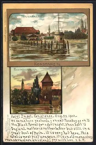 Künstler-AK Carl Biese: Konstanz a. B., Rheinthorturm, Hafenpartie