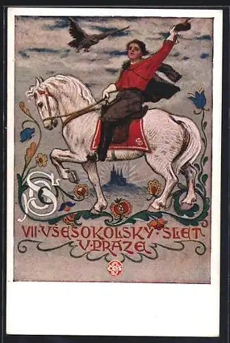 AK Prag, VII. Slet Vsesokjolsky 1920, Mann auf Pferd hebt seine Mütze in die Höhe, Falke fliegt auf ihn zu