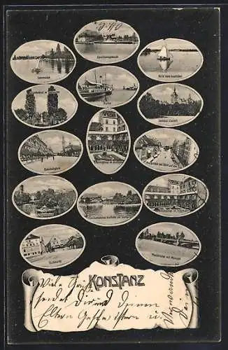 Mikroskop-AK Konstanz, Conciliumsgebäude, Hafen, Bahnhofsplatz, Fischmarkt, Kreuzgänge im Inselhotel und Rheinbrücke