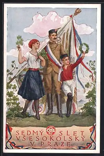 Künstler-AK Praze, Sedmý Slet Vsesokolský, Familie mit Soldaten, Lorbeerkranz und Flagge