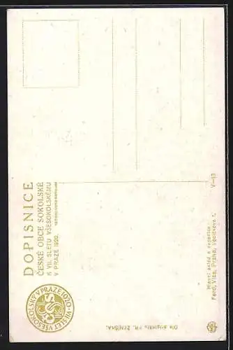 Künstler-AK Praze, Sedmý Slet Vsesokolský, Familie mit Soldaten, Lorbeerkranz und Flagge