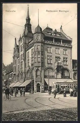 AK Karlsruhe, Restaurant Moninger, Moninger- Ecke Kaiserstrasse, Strassenbahn