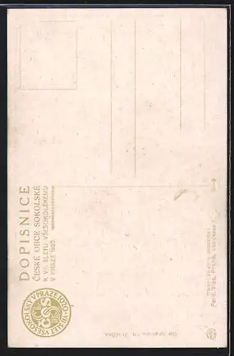 AK Prag, VII. Slet Vsesokjolsky 1920, Mann mit Degen blickt auf eine Frau