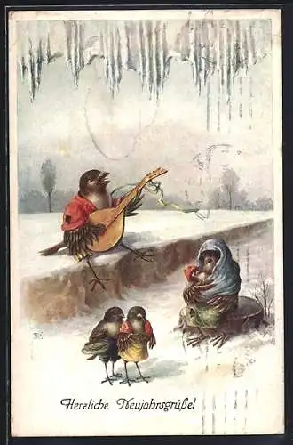 Künstler-AK Brüder Kohn (B.K.W.I) Nr. 3109: Vogelfamilie bei Gitarrenmusik im Winter, Neujahrsgruss