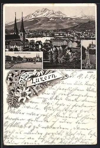 Lithographie Luzern, Schweizerhofquai, Gütsch und Panorama