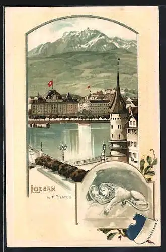 Lithographie Luzern, Uferpartie mit Pilatus, Löwendenkmal