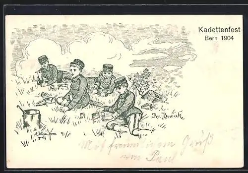 Künstler-AK Bern, Kadettenfest 1904, Soldaten im Gras sitzend