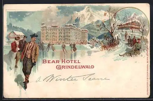 Lithographie Grindelwald, Bear Hotel, Gefrorener See im Winter